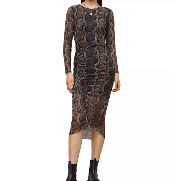 All Saints Dresses & Skirts - All Saints Norma Ruched Mesh Midi Dress Size 10 Snake Print